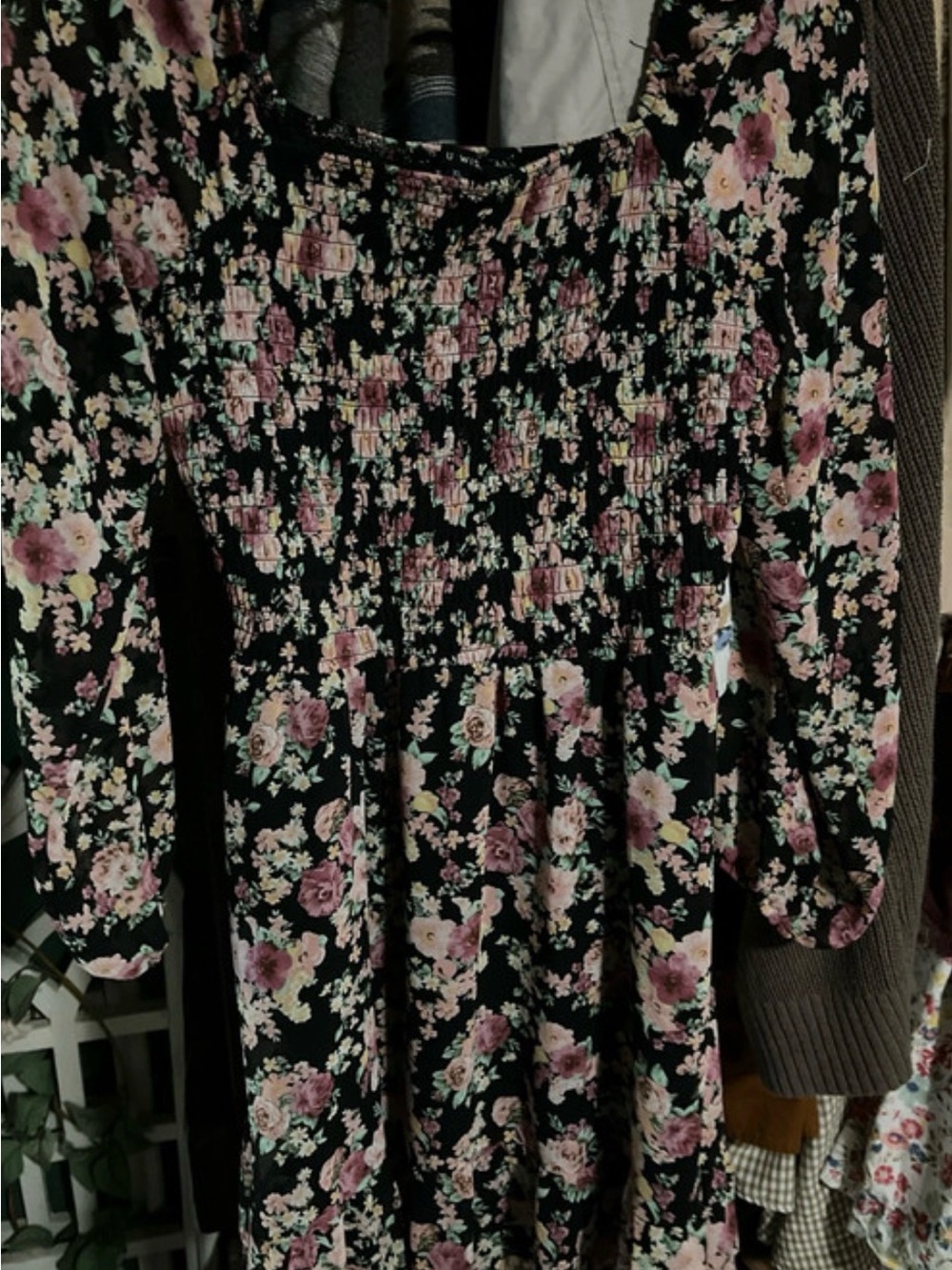 Floral Smocked Black Mini Dress with Pink Blooms